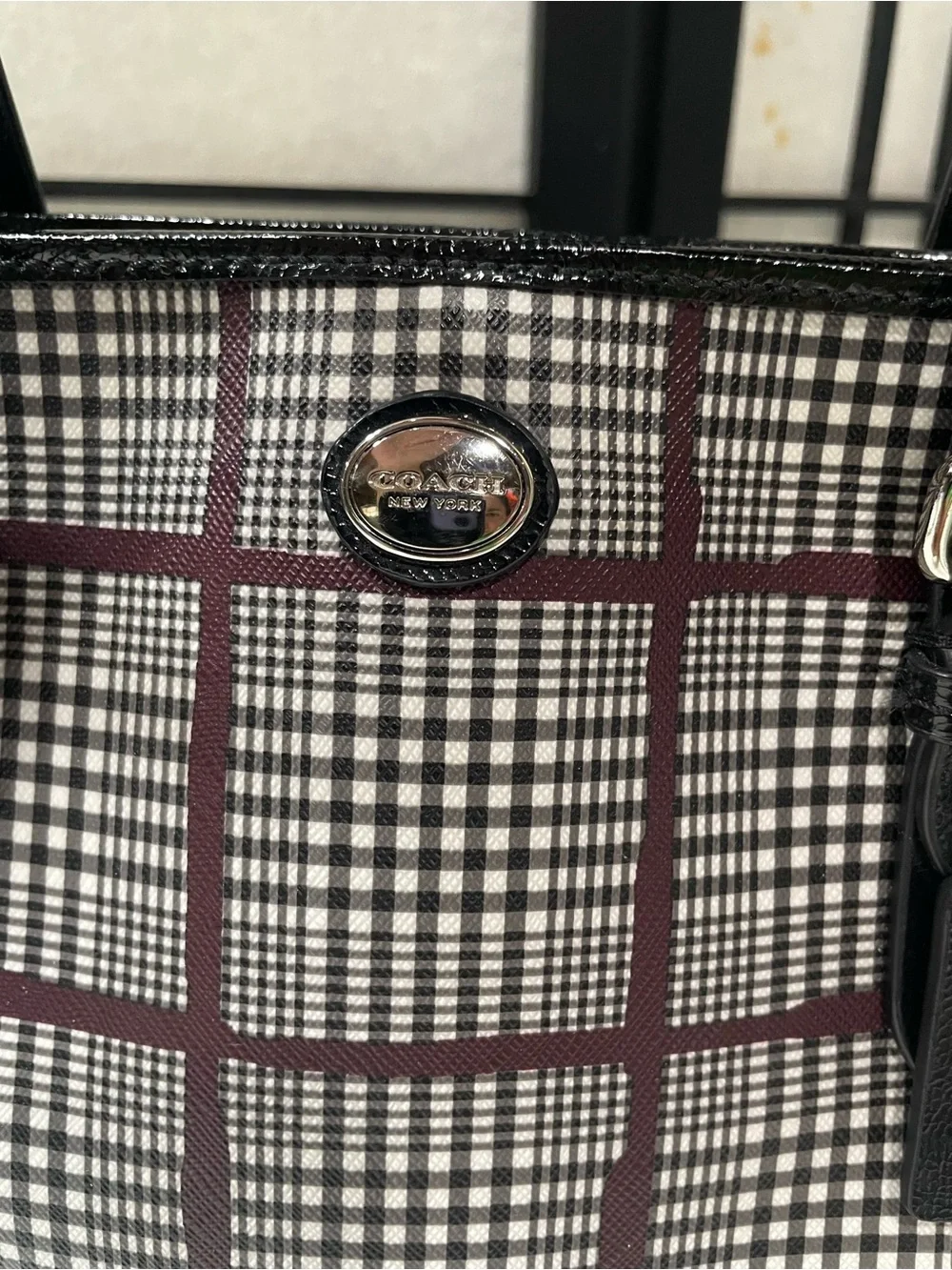 Coach Peyton Glenplaid Top Handle Mini Tote Bag Black Bordeaux Plaid F52196